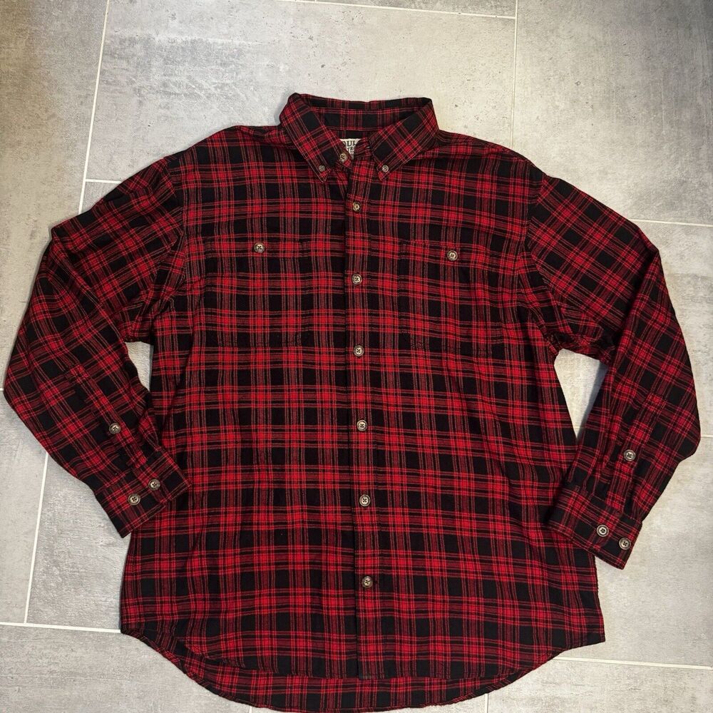Duluth Trading Co Flannel Shirt Mens L Red Black Plaid Free Swingin Relaxed Fit